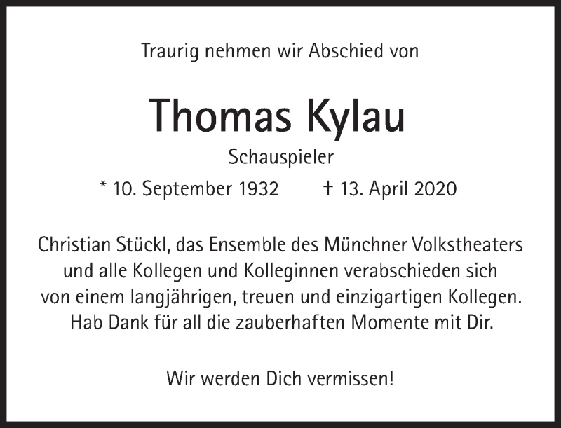  Traueranzeige für Thomas Kylau vom 18.04.2020 aus Süddeutsche Zeitung