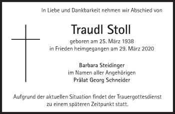 Traueranzeige von Traudl Stoll von Süddeutsche Zeitung
