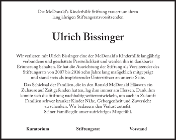 Traueranzeige von Ulrich Bissinger von Süddeutsche Zeitung