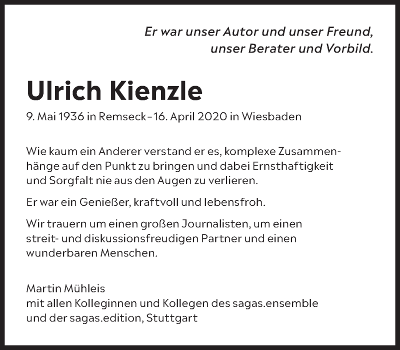  Traueranzeige für Ulrich Kienzle vom 21.04.2020 aus Süddeutsche Zeitung