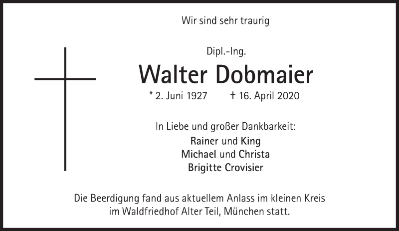  Traueranzeige für Walter Dobmaier vom 25.04.2020 aus Süddeutsche Zeitung