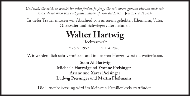  Traueranzeige für Walter Hartwig vom 06.04.2020 aus Süddeutsche Zeitung