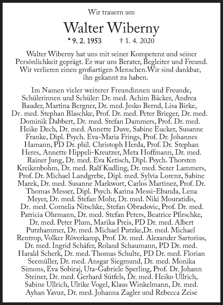  Traueranzeige für Walter Wiberny vom 14.04.2020 aus Süddeutsche Zeitung