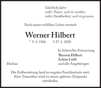 Traueranzeige von Werner Hilbert von Süddeutsche Zeitung