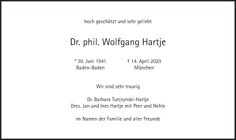  Traueranzeige für Wolfgang Hartje vom 18.04.2020 aus Süddeutsche Zeitung