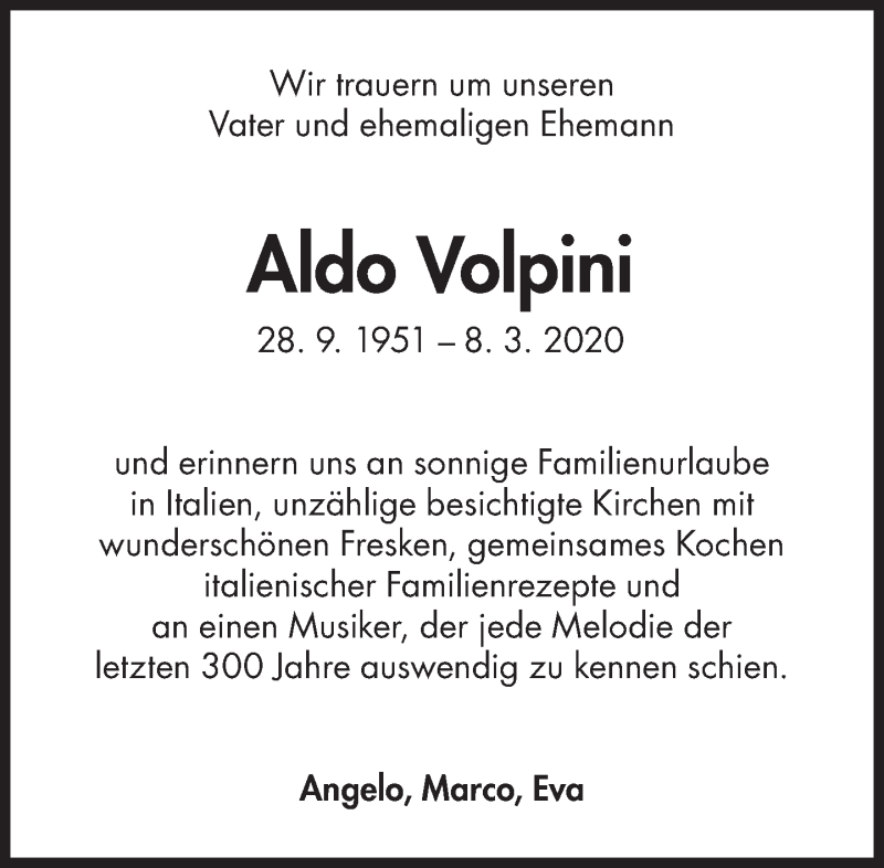  Traueranzeige für Aldo Volpini vom 02.05.2020 aus Süddeutsche Zeitung