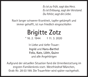 Traueranzeige von Brigitte Zotz von Süddeutsche Zeitung