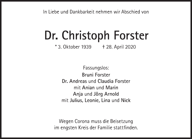  Traueranzeige für Christoph Forster vom 02.05.2020 aus Süddeutsche Zeitung