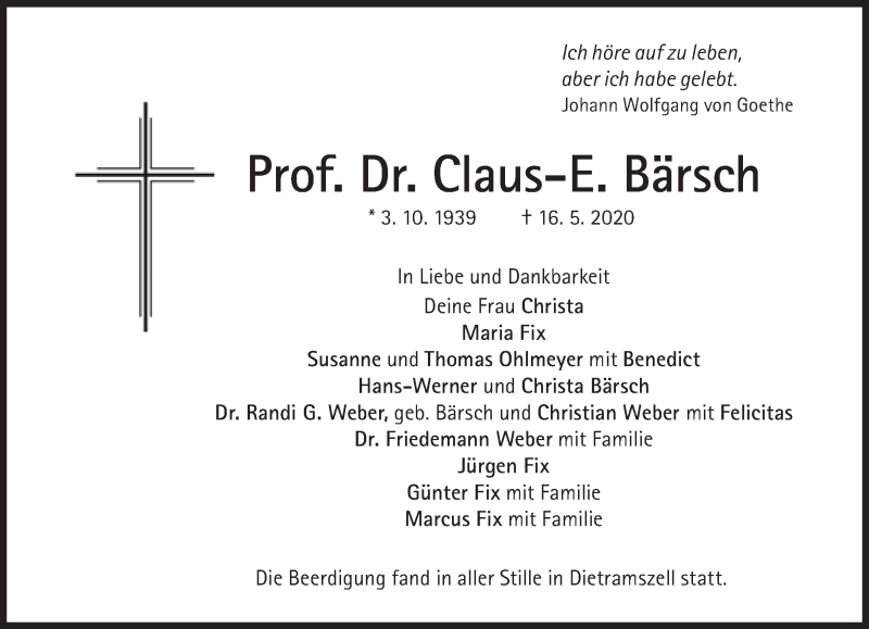  Traueranzeige für Claus-E. Bärsch vom 23.05.2020 aus Süddeutsche Zeitung