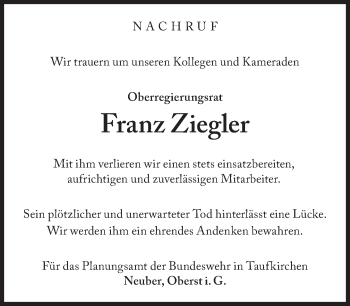 Traueranzeige von Franz Ziegler von Süddeutsche Zeitung