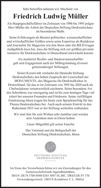 Traueranzeige von Friedrich Ludwig Müller von Süddeutsche Zeitung