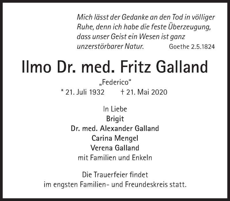  Traueranzeige für Fritz  Galland vom 30.05.2020 aus Süddeutsche Zeitung