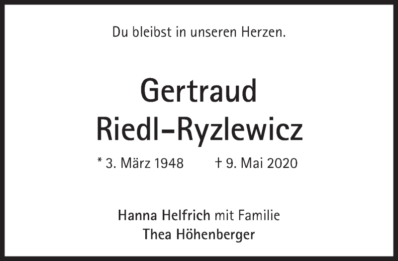  Traueranzeige für Gertraud Riedl-Ryzlewicz vom 16.05.2020 aus Süddeutsche Zeitung