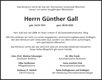 Traueranzeige von Günther Gall von Süddeutsche Zeitung