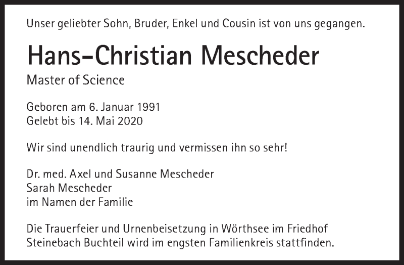  Traueranzeige für Hans-Christian Mescheder vom 23.05.2020 aus Süddeutsche Zeitung