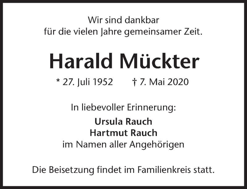  Traueranzeige für Harald Mückter vom 09.05.2020 aus Süddeutsche Zeitung