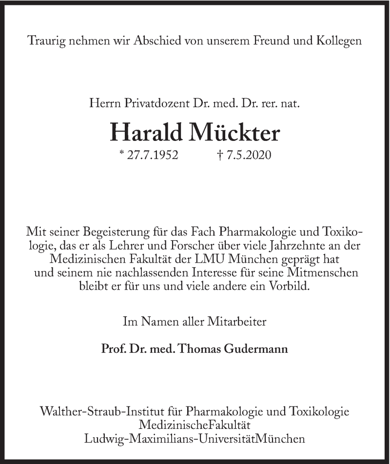  Traueranzeige für Harald Mückter vom 16.05.2020 aus Süddeutsche Zeitung