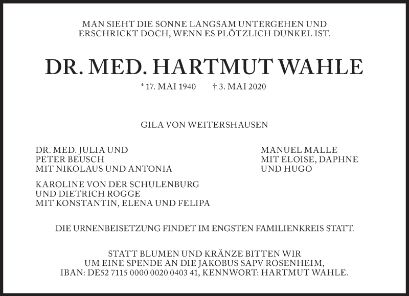  Traueranzeige für Hartmut Wahle vom 09.05.2020 aus Süddeutsche Zeitung