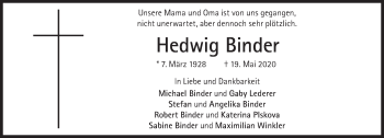 Traueranzeige von Hedwig Binder von Süddeutsche Zeitung