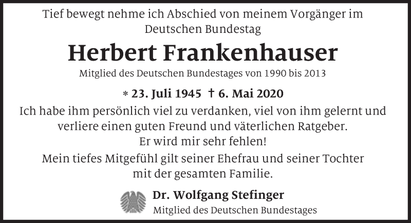  Traueranzeige für Herbert Frankenhauser vom 12.05.2020 aus Süddeutsche Zeitung