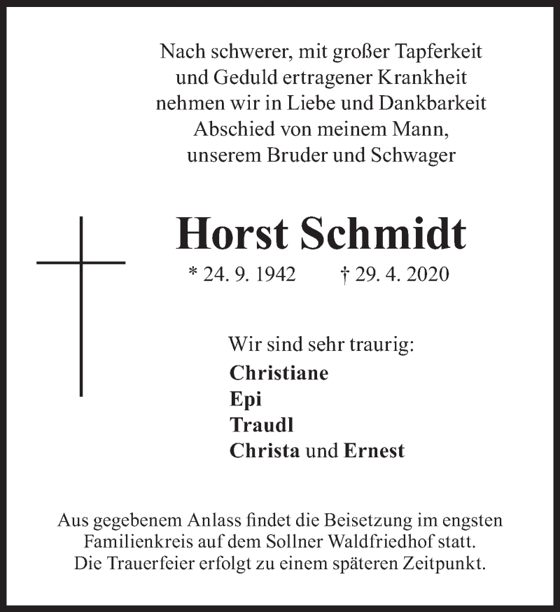  Traueranzeige für Horst Schmidt vom 02.05.2020 aus Süddeutsche Zeitung