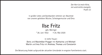 Traueranzeige von Ilse Fritz von Süddeutsche Zeitung