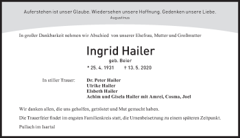 Traueranzeige von Ingrid Hailer von Süddeutsche Zeitung