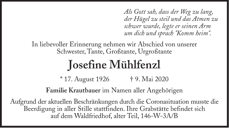  Traueranzeige für Josefine Mühlfenzl vom 16.05.2020 aus Süddeutsche Zeitung