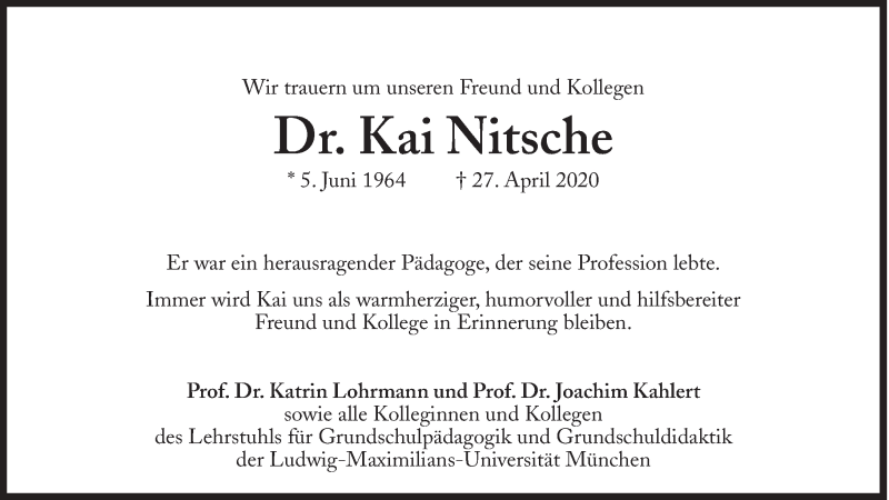  Traueranzeige für Kai Nitsche vom 04.05.2020 aus Süddeutsche Zeitung