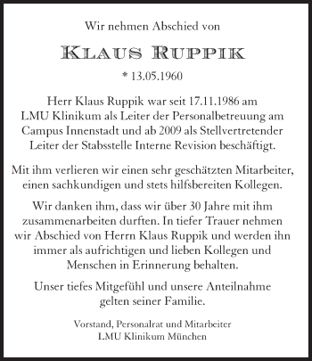 Traueranzeige von Klaus Ruppik von Süddeutsche Zeitung