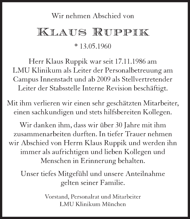  Traueranzeige für Klaus Ruppik vom 14.05.2020 aus Süddeutsche Zeitung