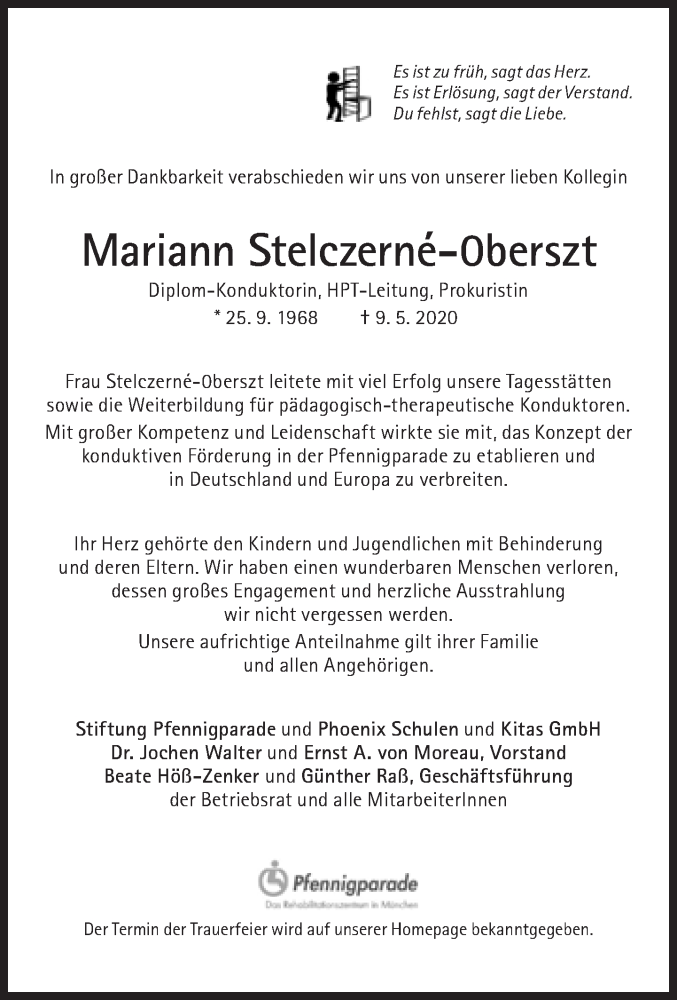  Traueranzeige für Mariann Stelczerné-Oberszt vom 16.05.2020 aus Süddeutsche Zeitung