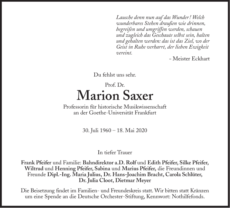  Traueranzeige für Marion Saxer vom 23.05.2020 aus Süddeutsche Zeitung