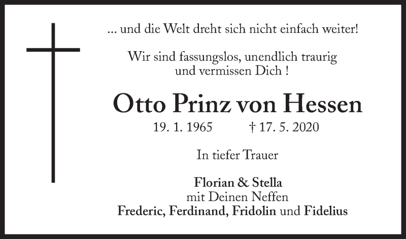  Traueranzeige für Otto Prinz und Landgraf von Hessen-Philippsthal vom 22.05.2020 aus Süddeutsche Zeitung