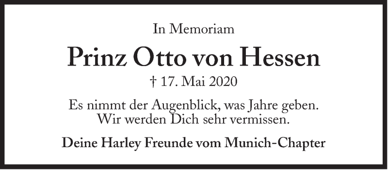  Traueranzeige für Otto Prinz und Landgraf von Hessen-Philippsthal vom 20.05.2020 aus Süddeutsche Zeitung