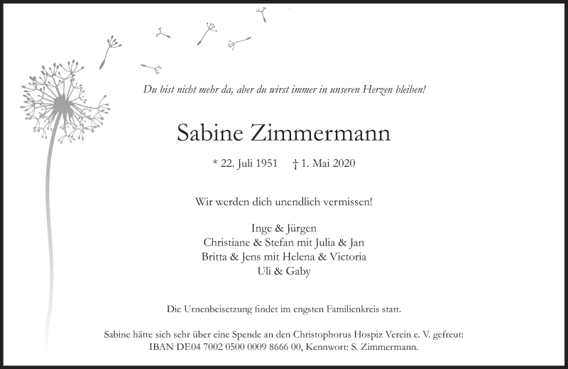  Traueranzeige für Sabine Zimmermann vom 09.05.2020 aus Süddeutsche Zeitung