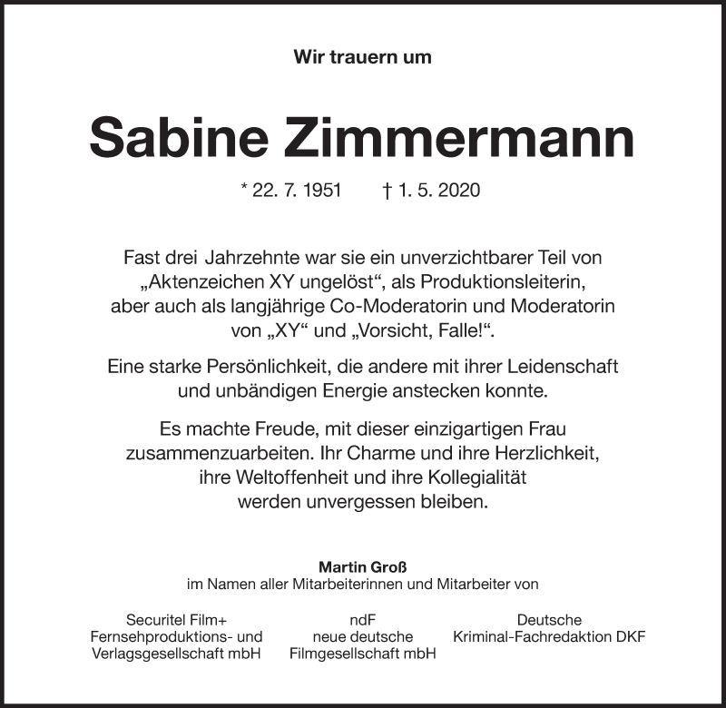  Traueranzeige für Sabine Zimmermann vom 06.05.2020 aus Süddeutsche Zeitung