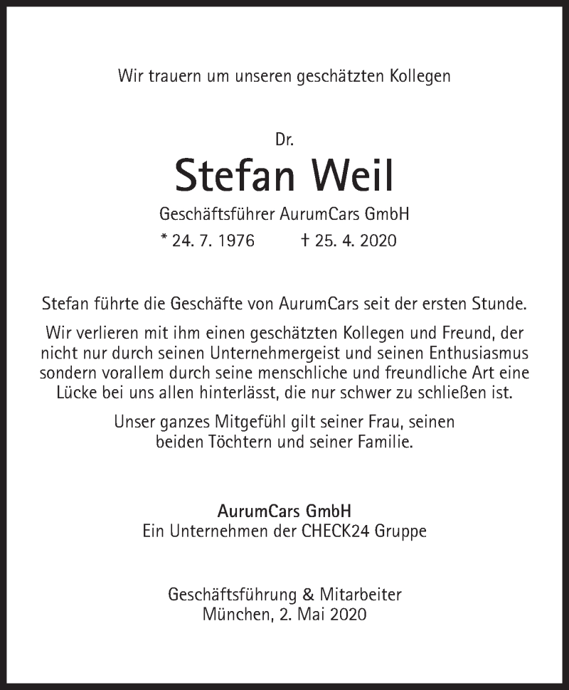  Traueranzeige für Stefan Weil vom 02.05.2020 aus Süddeutsche Zeitung
