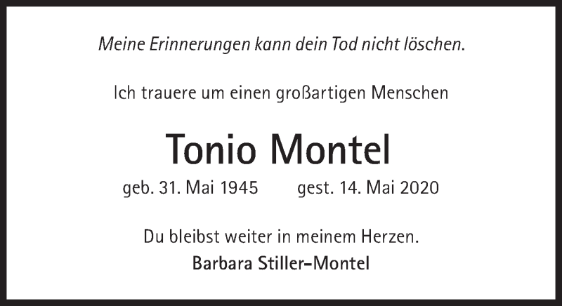  Traueranzeige für Tonio Montel vom 23.05.2020 aus Süddeutsche Zeitung