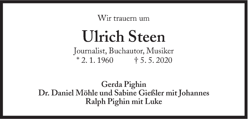  Traueranzeige für Ulrich Steen vom 22.05.2020 aus Süddeutsche Zeitung
