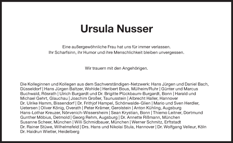  Traueranzeige für Ursula Nusser vom 02.05.2020 aus Süddeutsche Zeitung