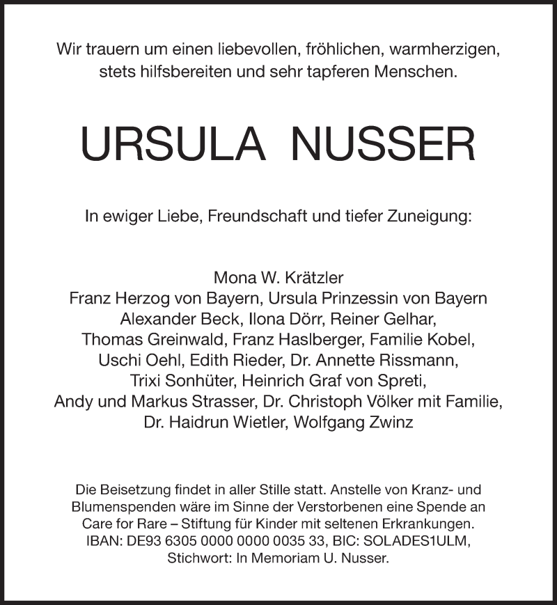  Traueranzeige für Ursula Nusser vom 02.05.2020 aus Süddeutsche Zeitung