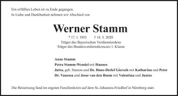 Traueranzeige von Werner Stamm von Süddeutsche Zeitung