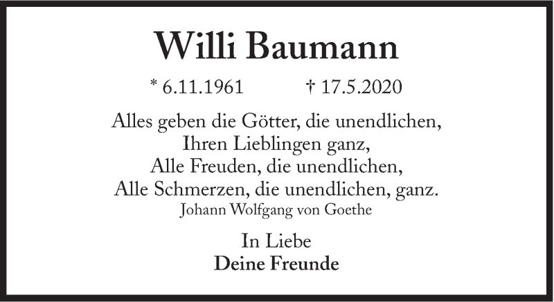  Traueranzeige für Willi Baumann vom 23.05.2020 aus Süddeutsche Zeitung
