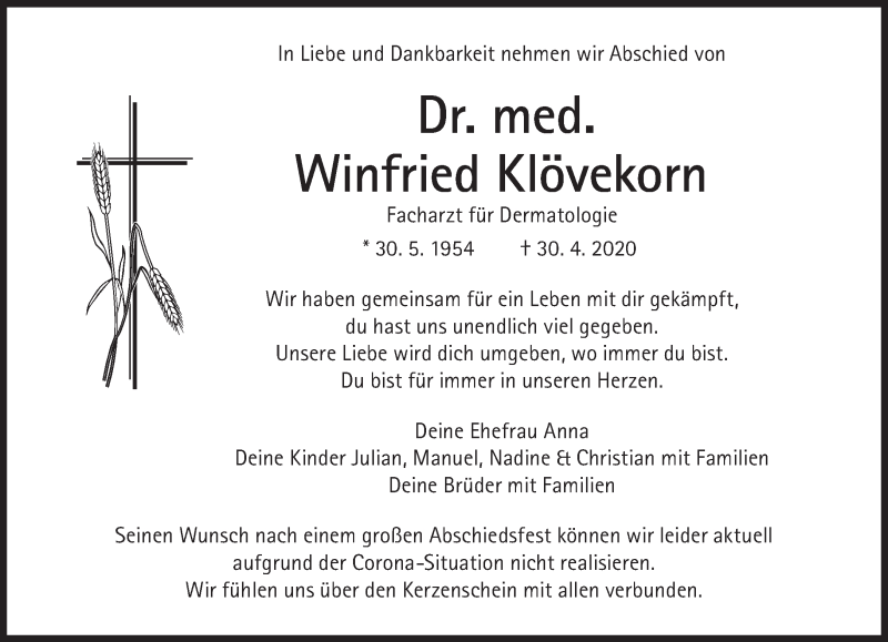  Traueranzeige für Winfried Klövekorn vom 09.05.2020 aus Süddeutsche Zeitung