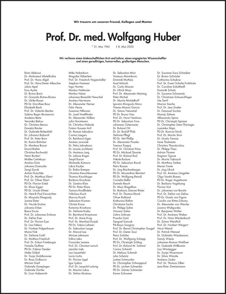  Traueranzeige für Wolfgang Huber vom 16.05.2020 aus Süddeutsche Zeitung
