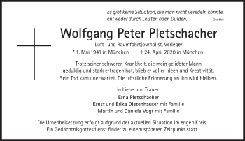 Traueranzeige von Wolfgang Peter Pletschacher von Süddeutsche Zeitung
