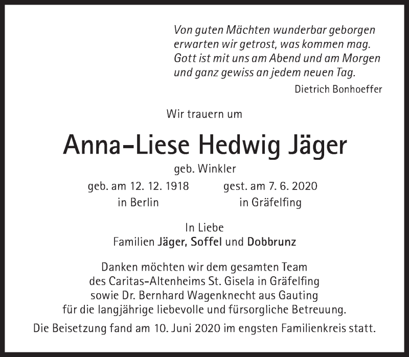  Traueranzeige für Anna-Liese Hedwig Jäger vom 13.06.2020 aus Süddeutsche Zeitung
