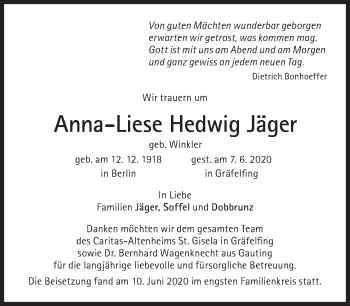 Traueranzeige von Anna-Liese Hedwig Jäger von Süddeutsche Zeitung
