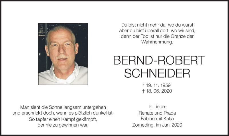  Traueranzeige für Bernd-Robert Schneider vom 27.06.2020 aus Süddeutsche Zeitung
